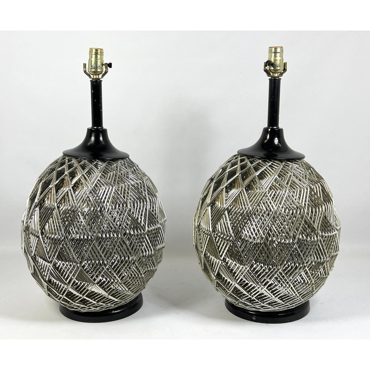 Pr Vintage Chromed Rattan Lamps  3ac9c4