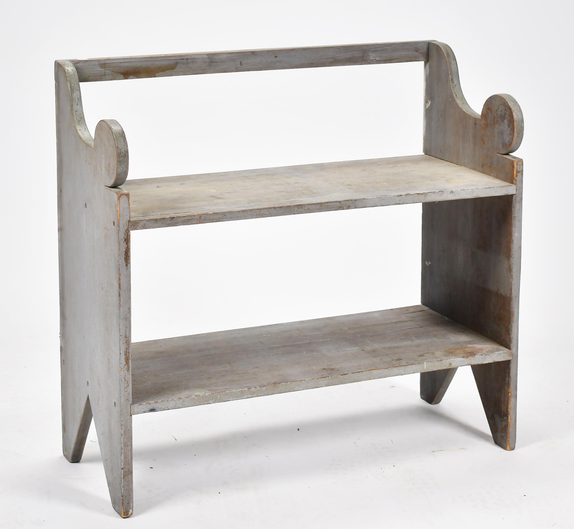 19TH C. GRAY PAINTED BUCKET BENCH.