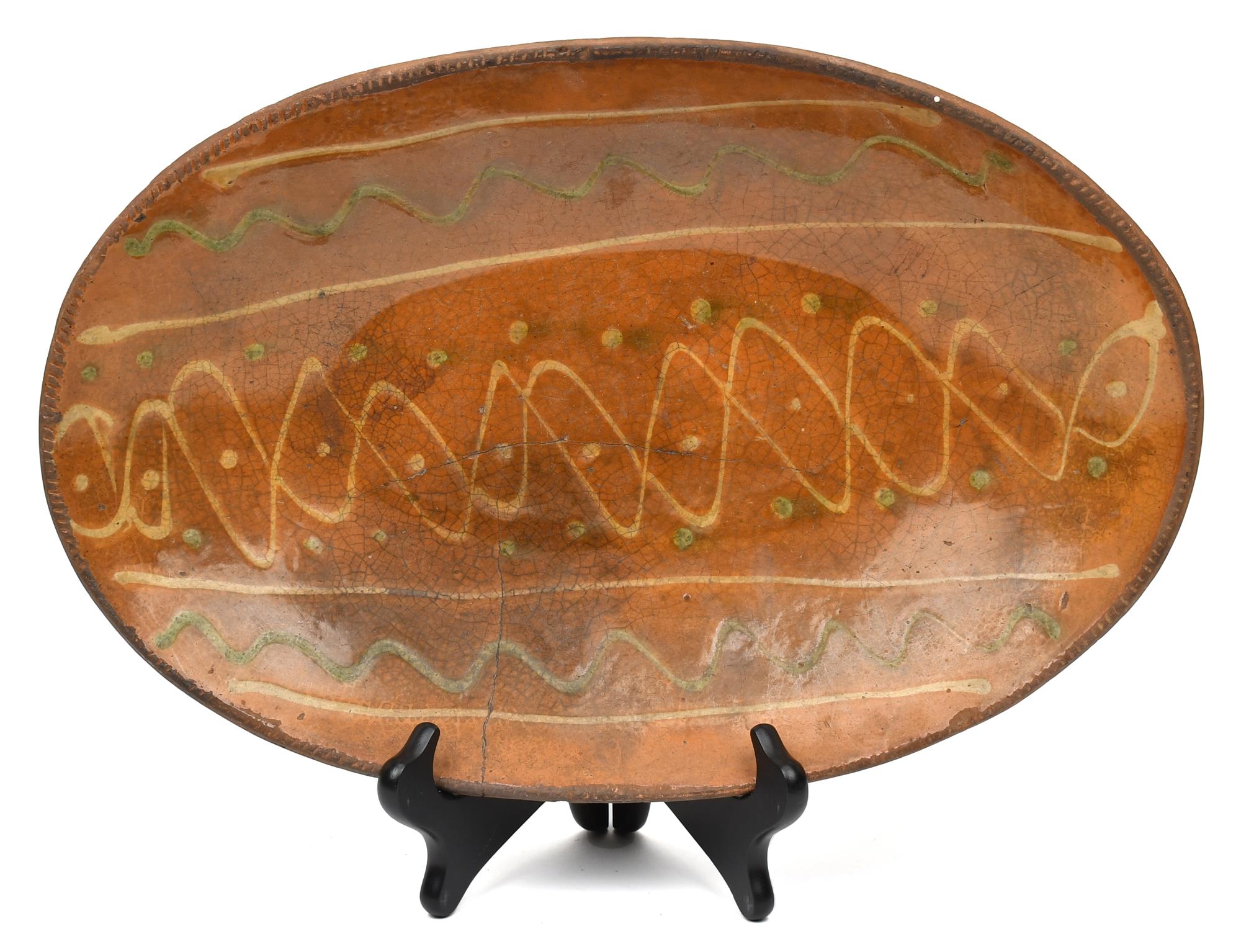 19TH C. OVAL REDWARE LOAF DISH. Crimped