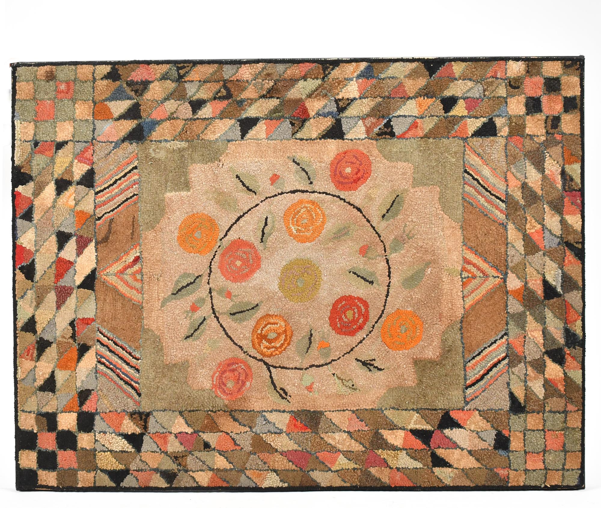 COLORFUL 19TH C. HOOKED RUG. 19th