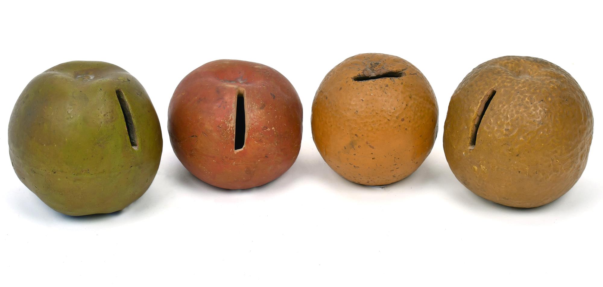 FOUR 19TH C. REDWARE FRUIT BANKS. A