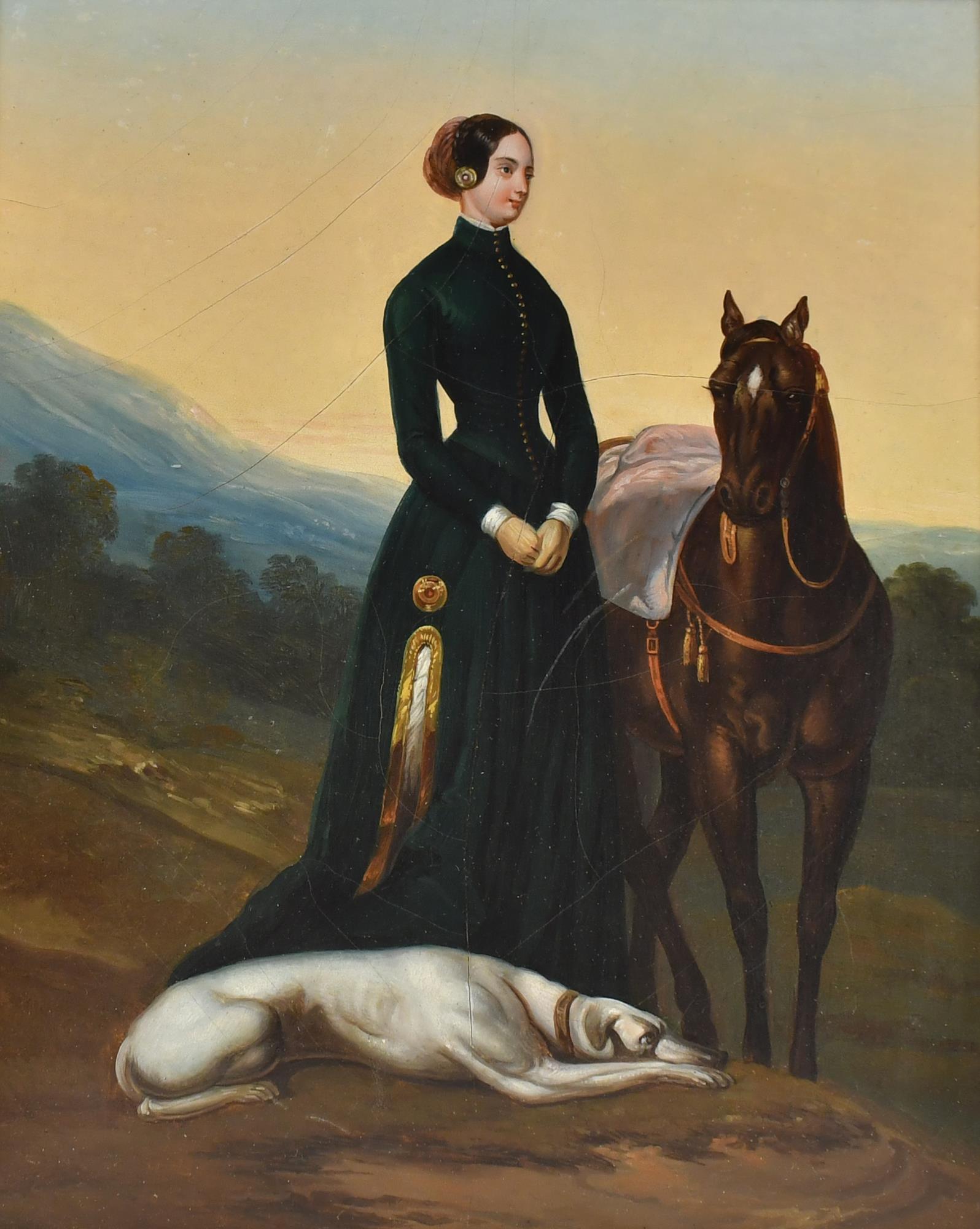 19TH C. OIL, WOMAN WITH HORSE AND DOG.