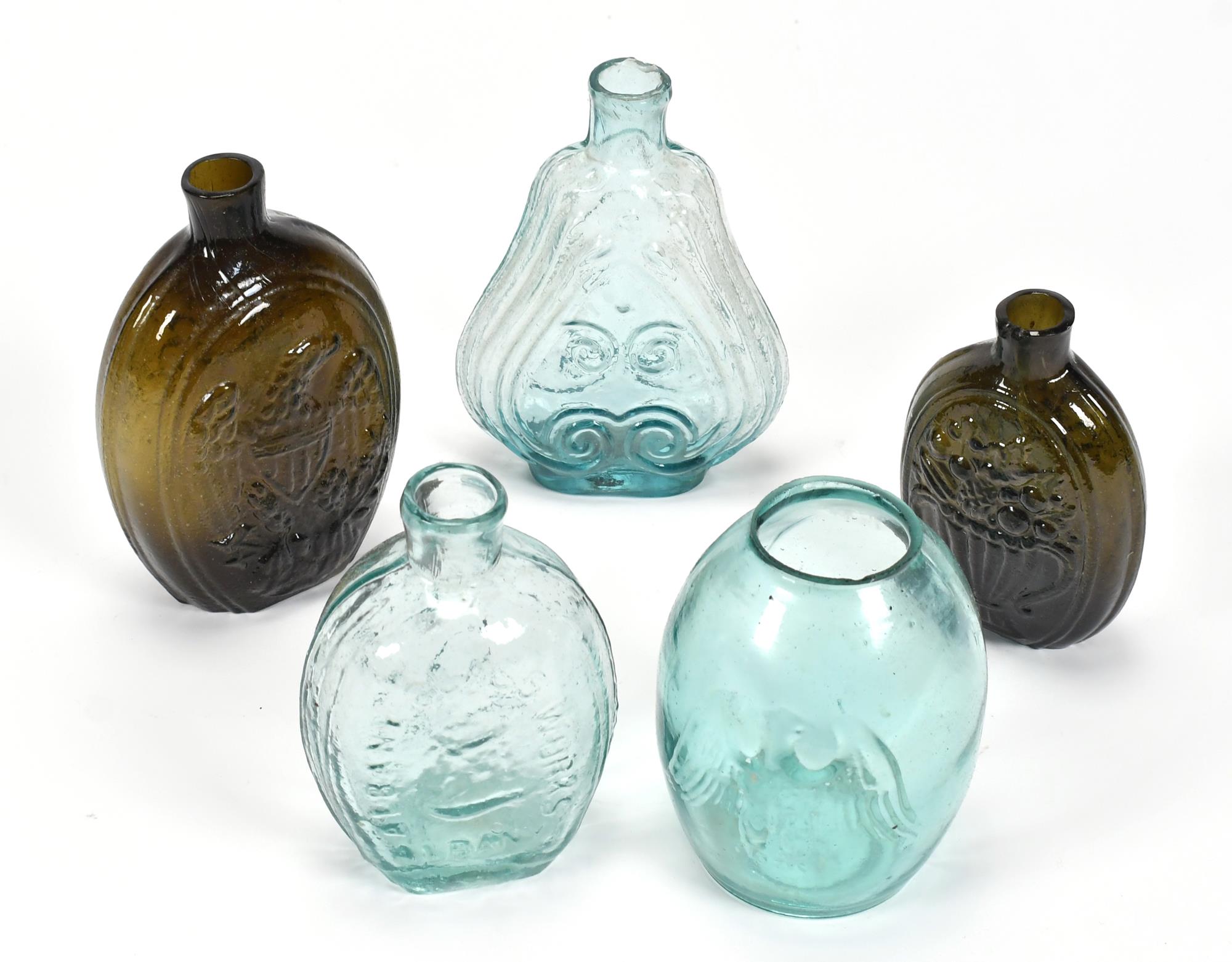 FIVE EARLY BLOWN GLASS FLASKS  3acbcf