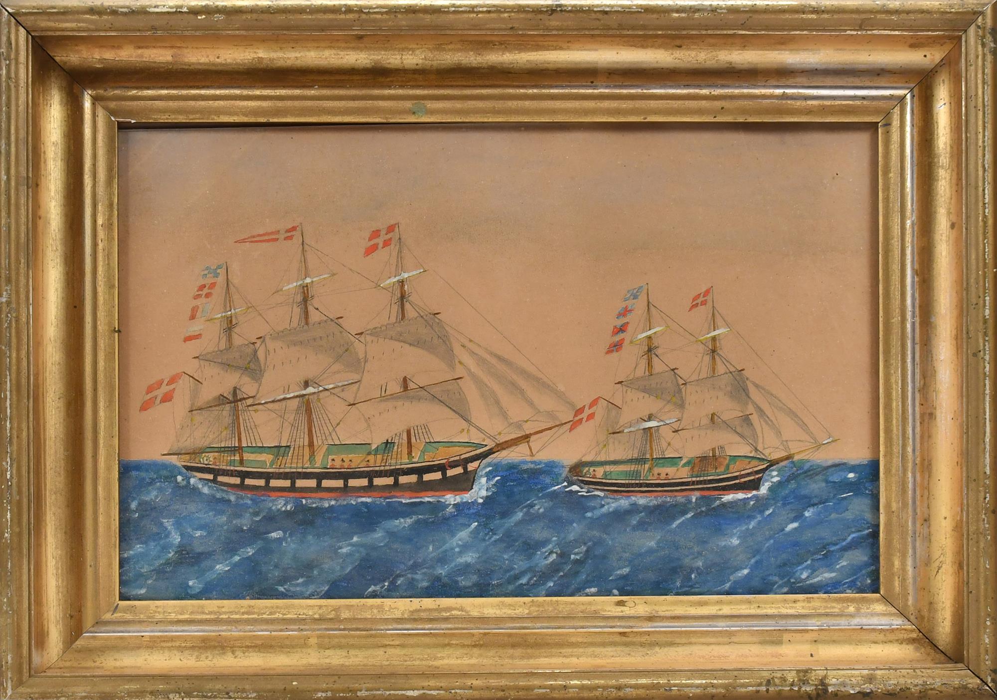 19TH C. NAUTICAL WATERCOLOR, TWO SCHOONERS.