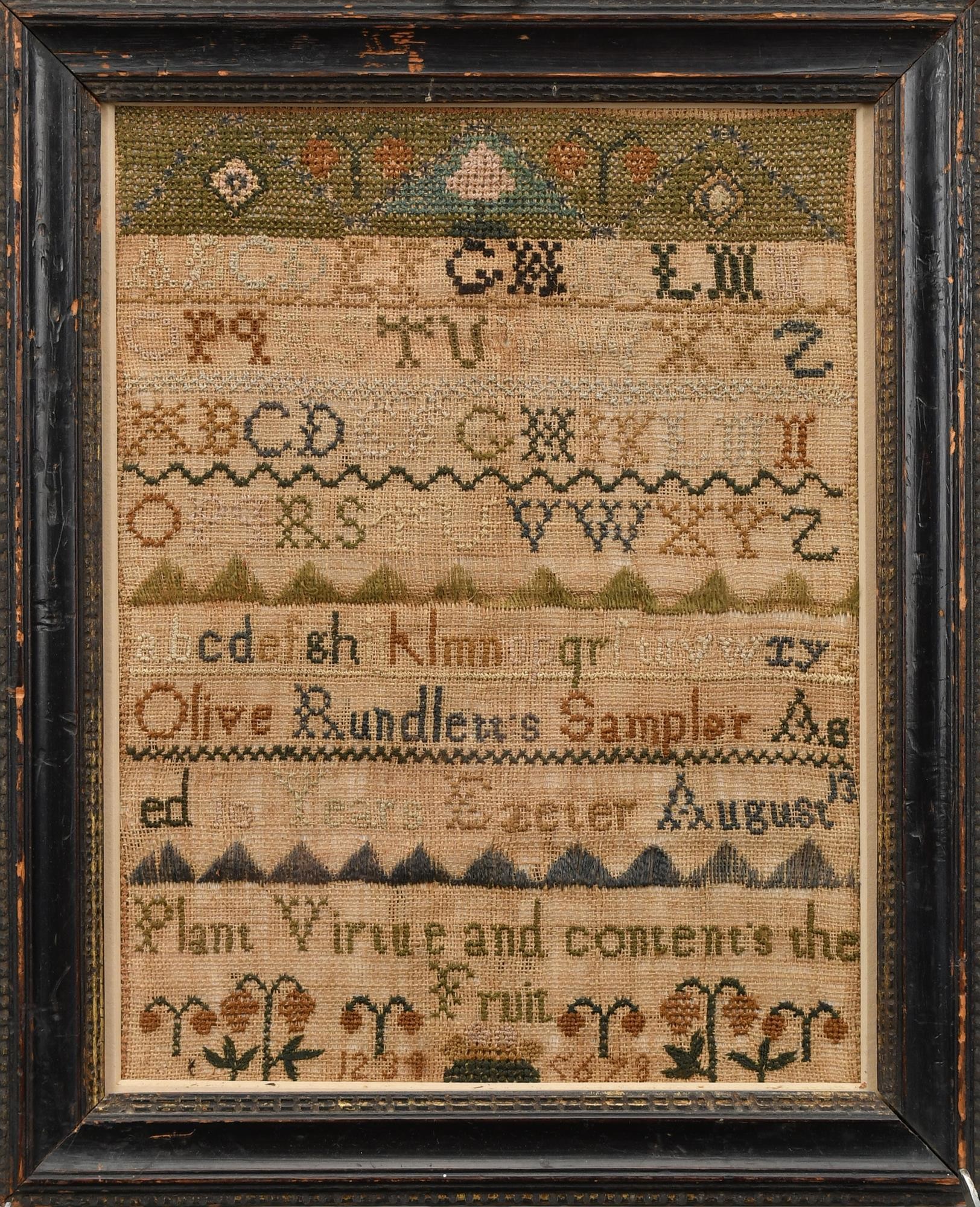 19TH C NEEDLEWORK SAMPLER OLIVE 3acc49