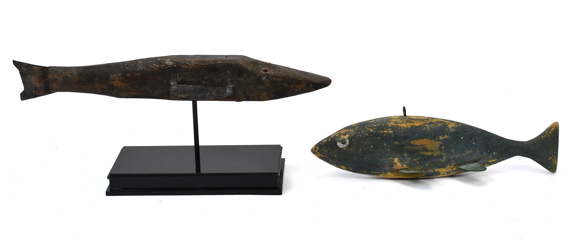 TWO 19TH C. PAINTED FISH DECOYS.