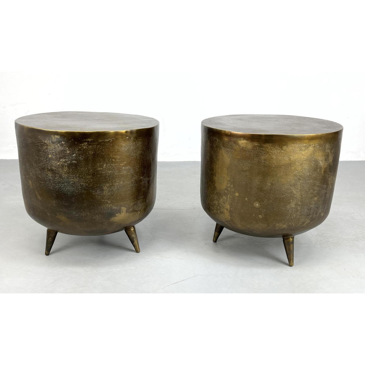 Pr Metal Drum style Side End Tables.