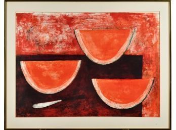 Lithograph of watermelon on table,