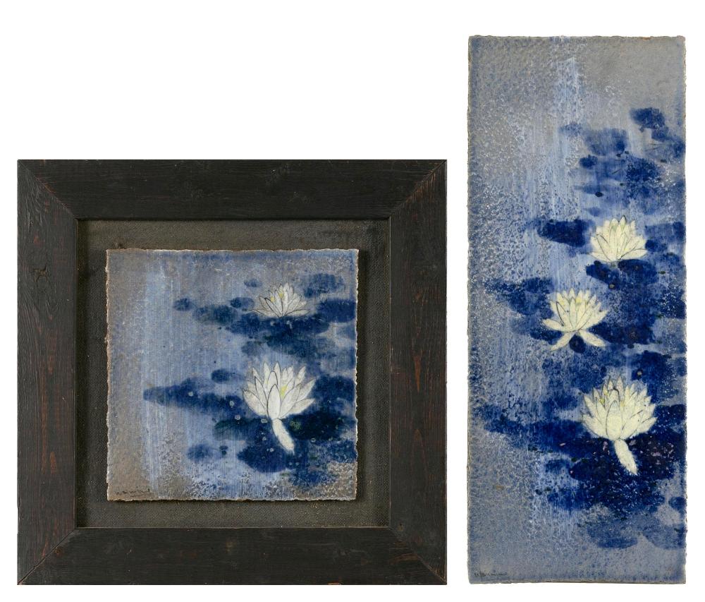 TWO PAINTED TILES DEPICTING WATER