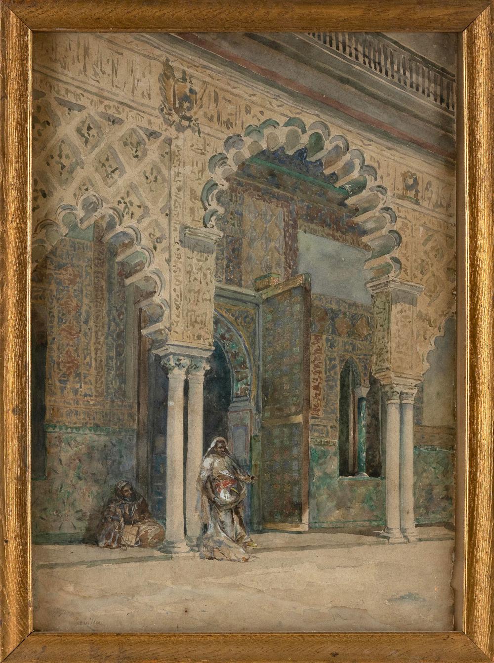 WATERCOLOR DEPICTING FIGURES OUTSIDE