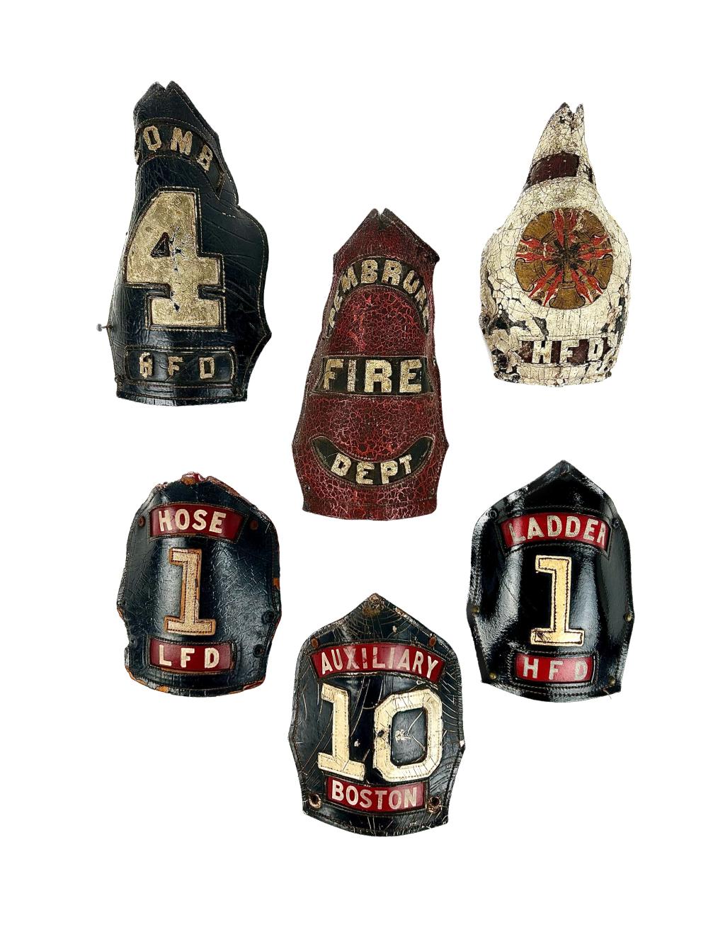 SIX LEATHER FIRE HELMET PLAQUES 3af7be