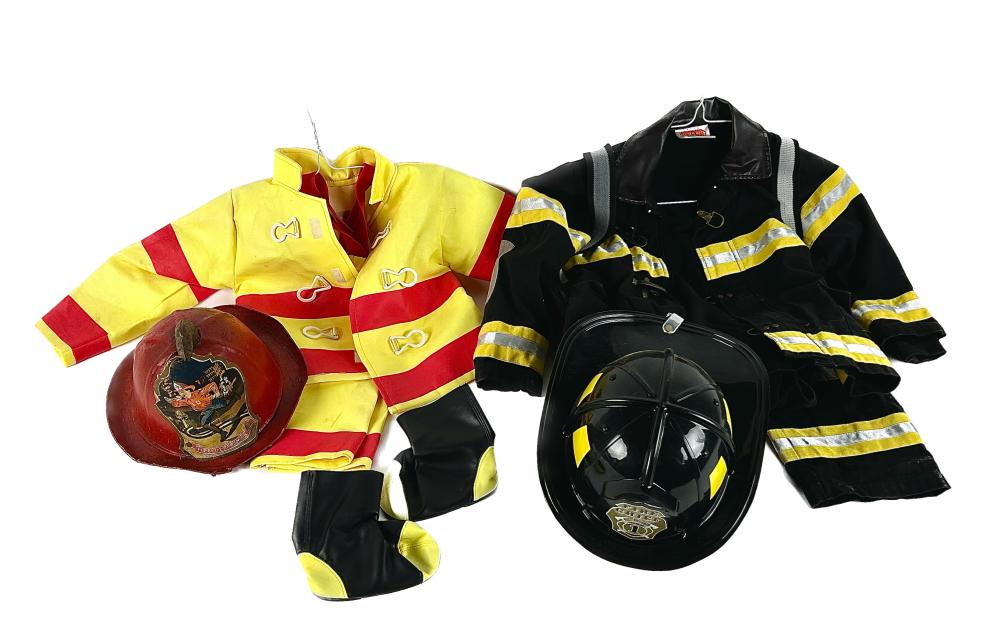 CHILD’S FIRE HELMET AND TWO CHILDS