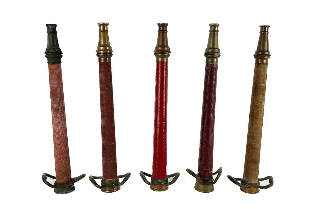 FIVE BRASS AND COPPER FIRE NOZZLES