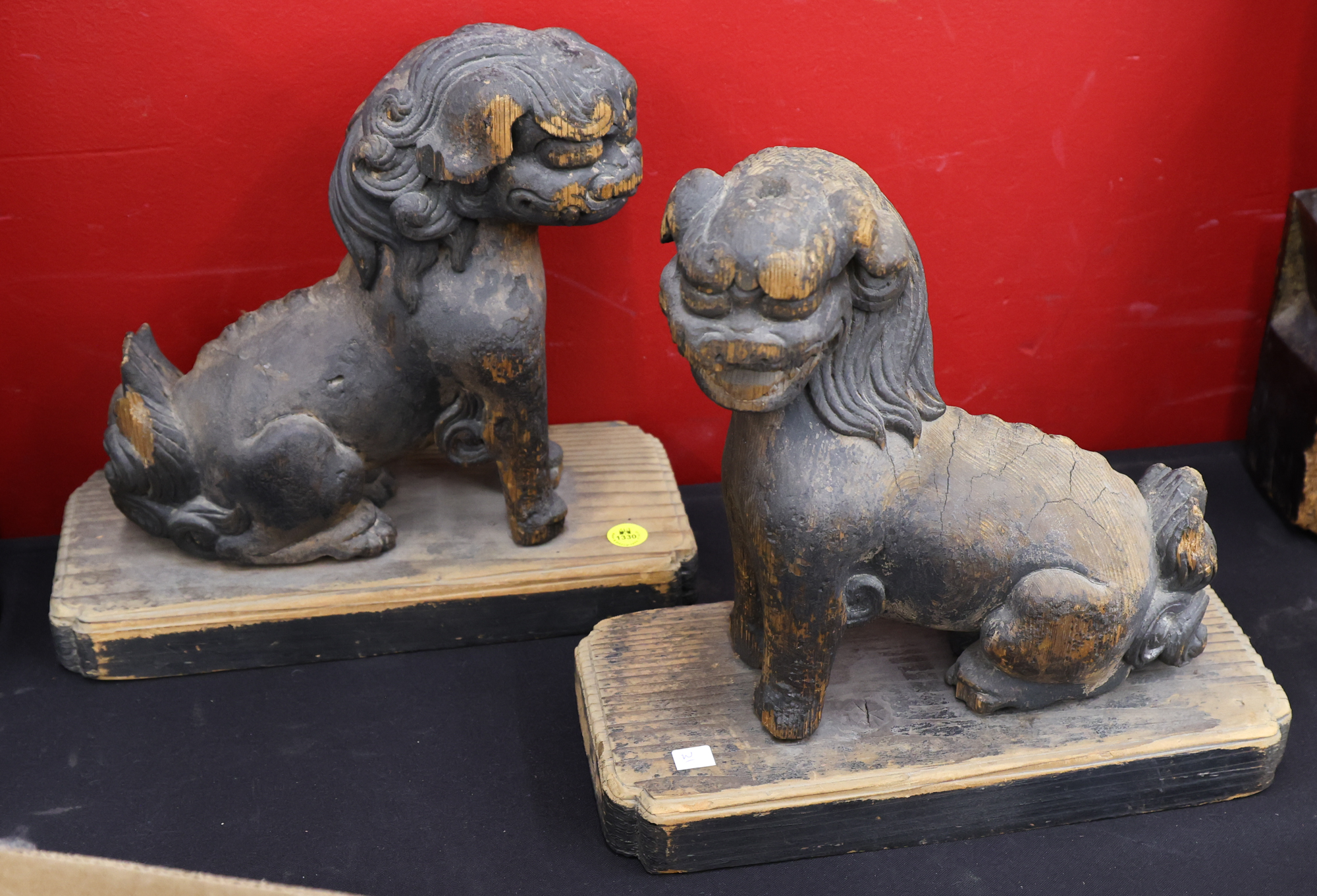 Pair Edo Japanese Carved Wood Foo