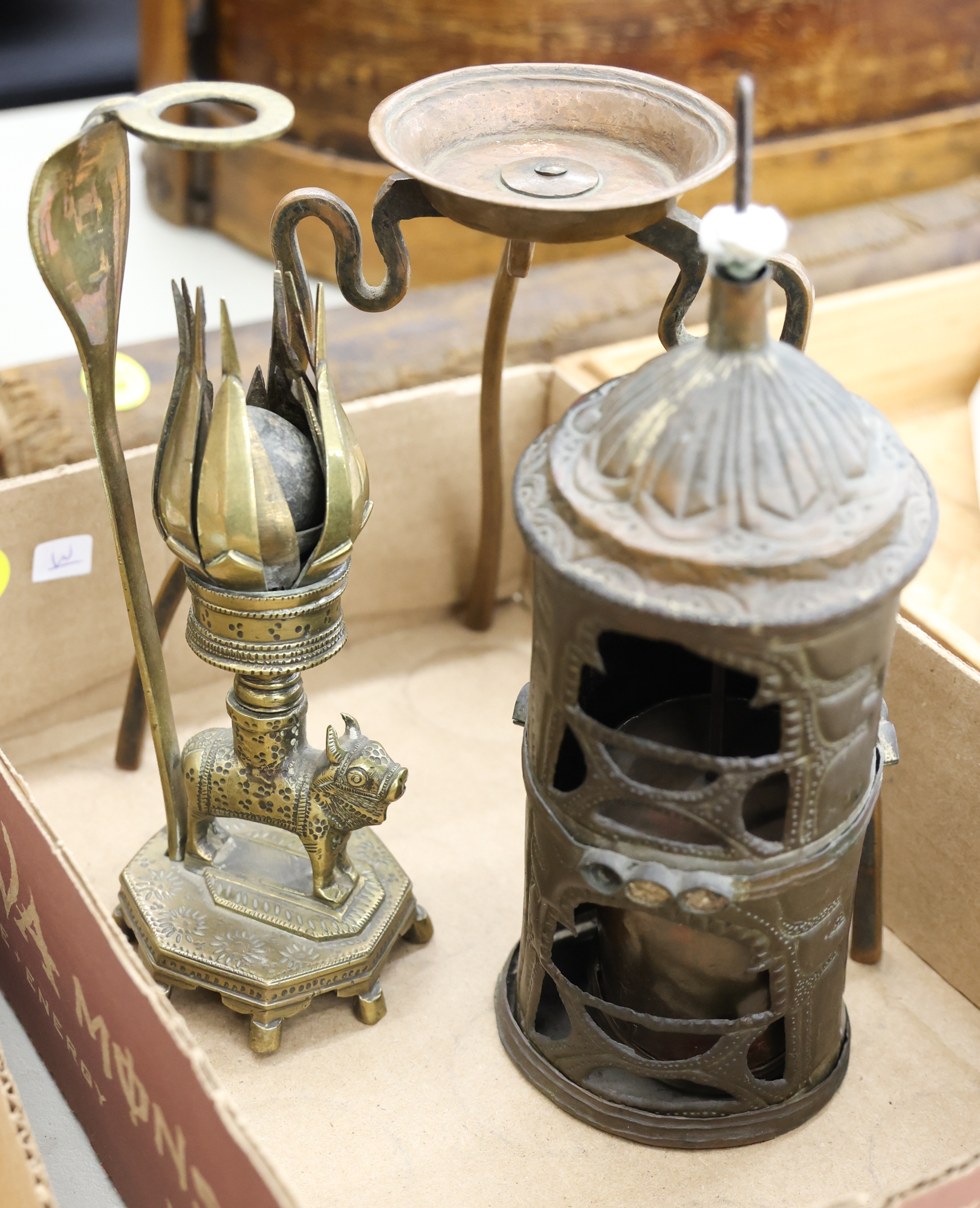 Box 3pc Old Indian Metal Oil Lamps