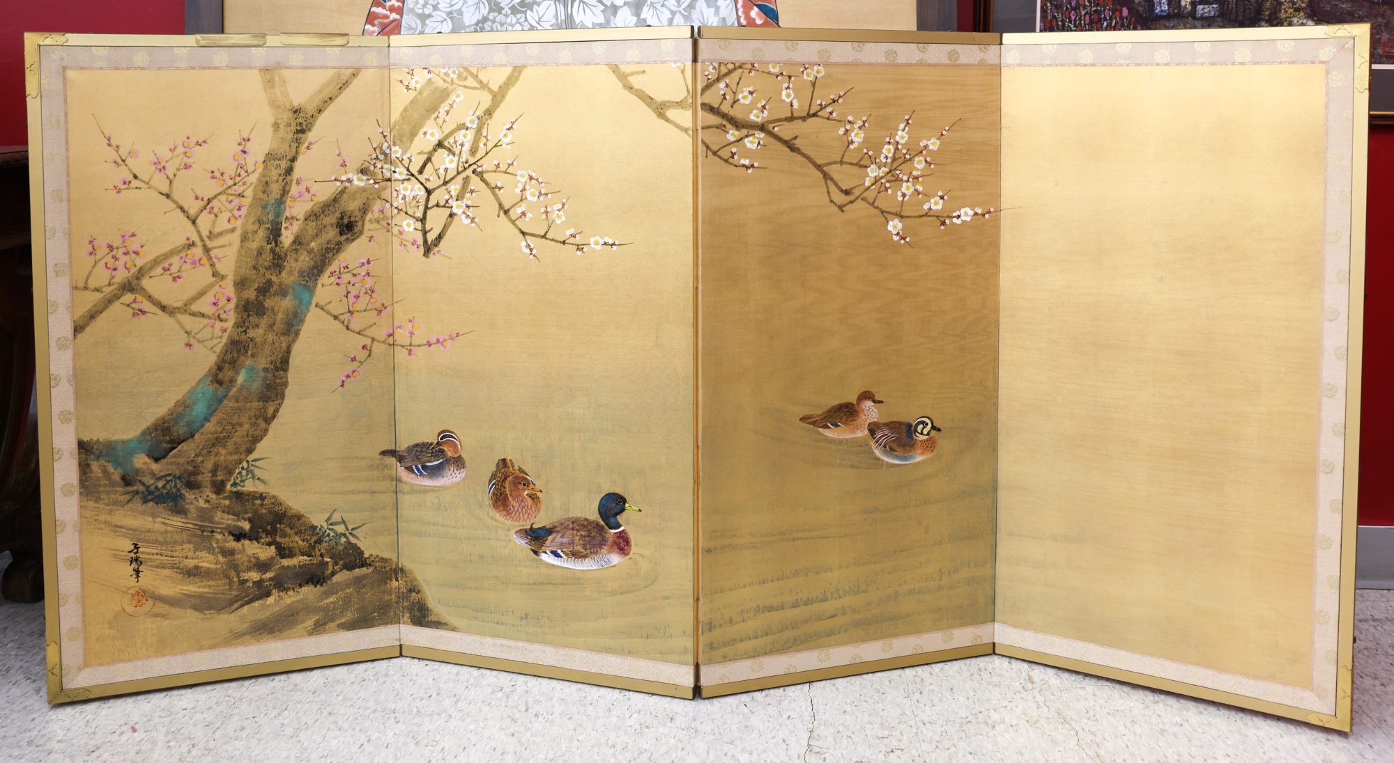 Japanese Painted Duck Scene 4 Panel 3afdb1