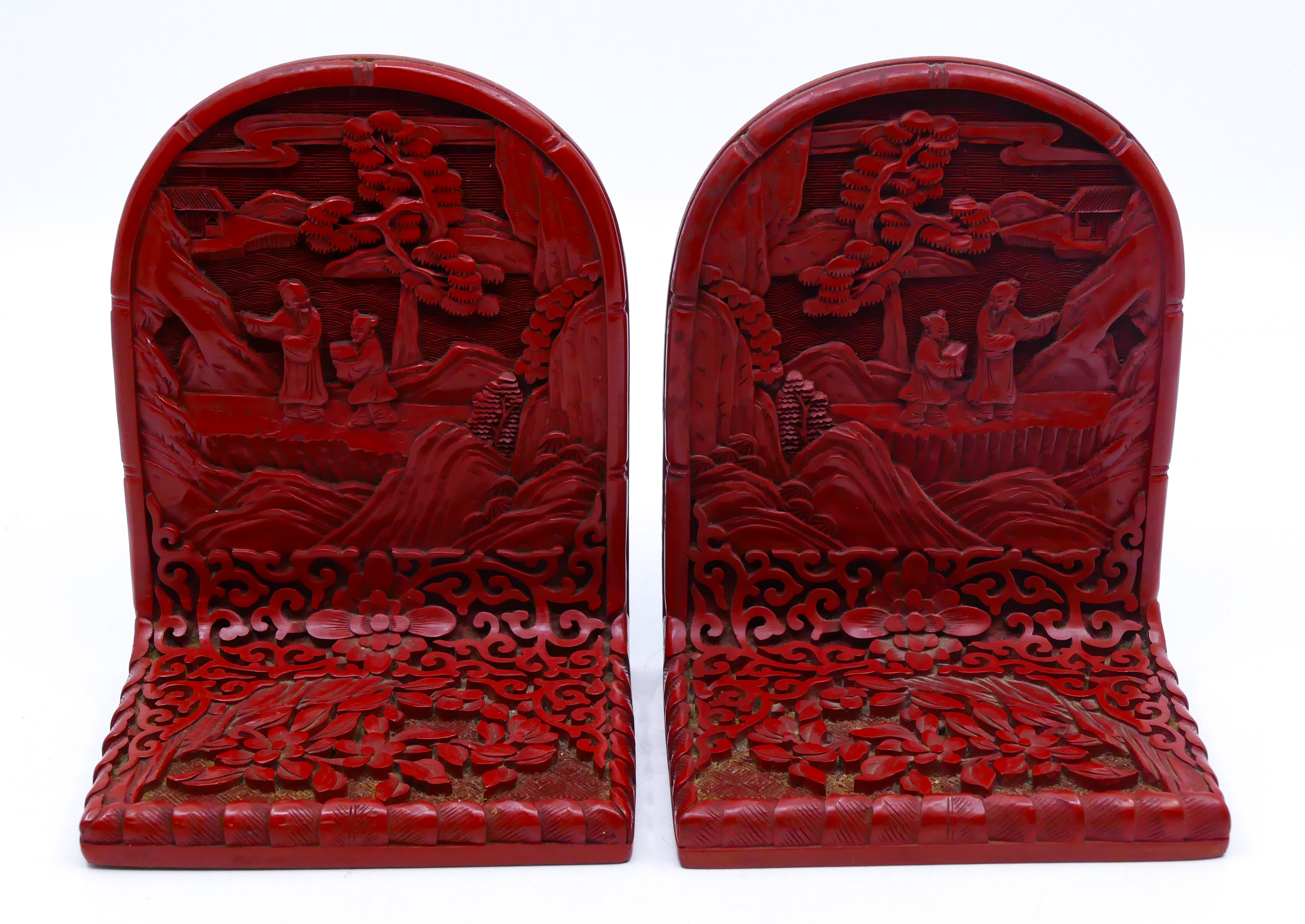 Pair Chinese Cinnabar on Bronze Bookends