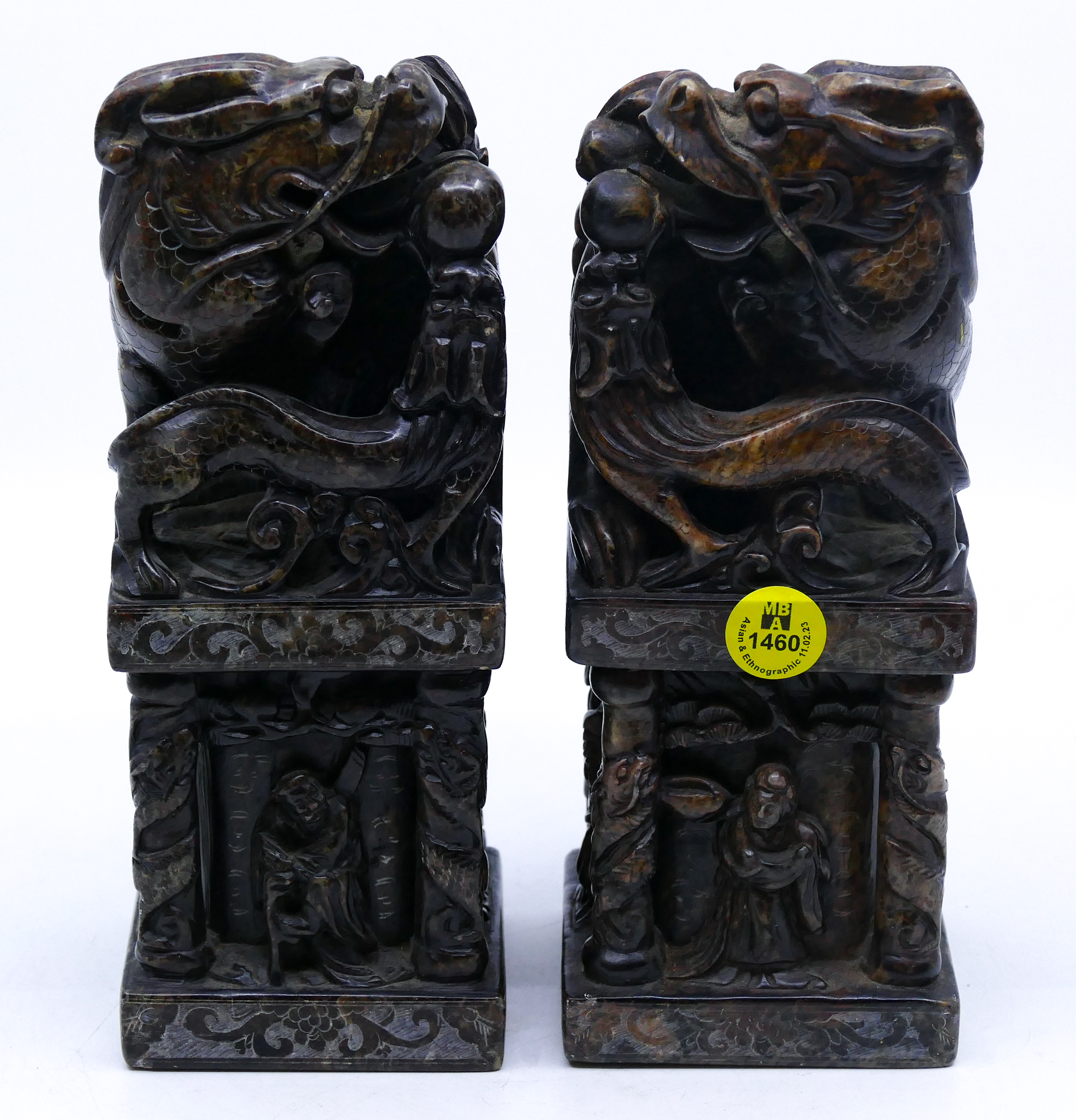 Pair Old Chinese Soapstone Dragon