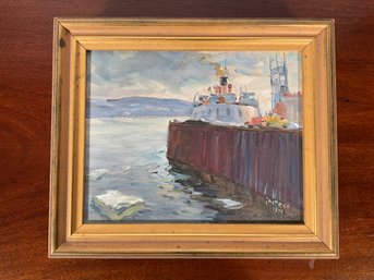 A small oil on board of a dock