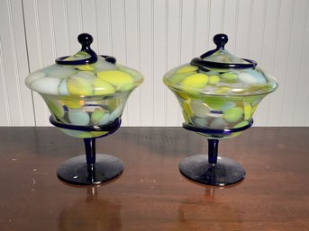 A pair of vintage art glass lidded 3b01a1