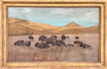 A 20th C. oil on canvas, buffalo in