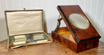An antique burl wood viewing box