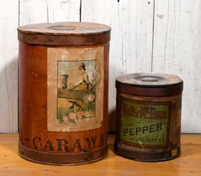 Antique wood advertising containers,