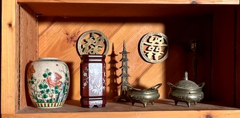 Eight pieces: Asian rosewood vase,