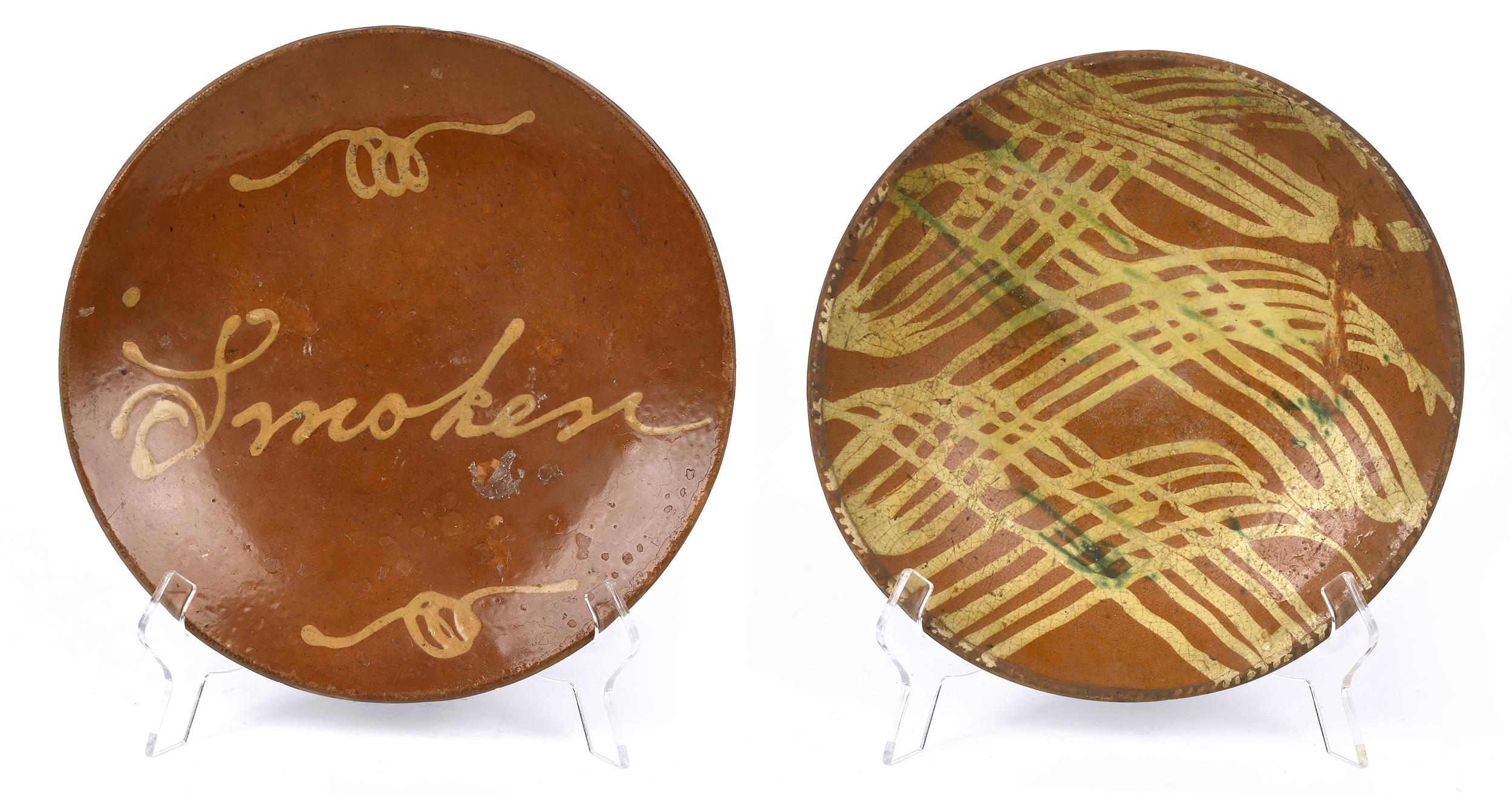 TWO 19TH C. SLIP DECORATED REDWARE