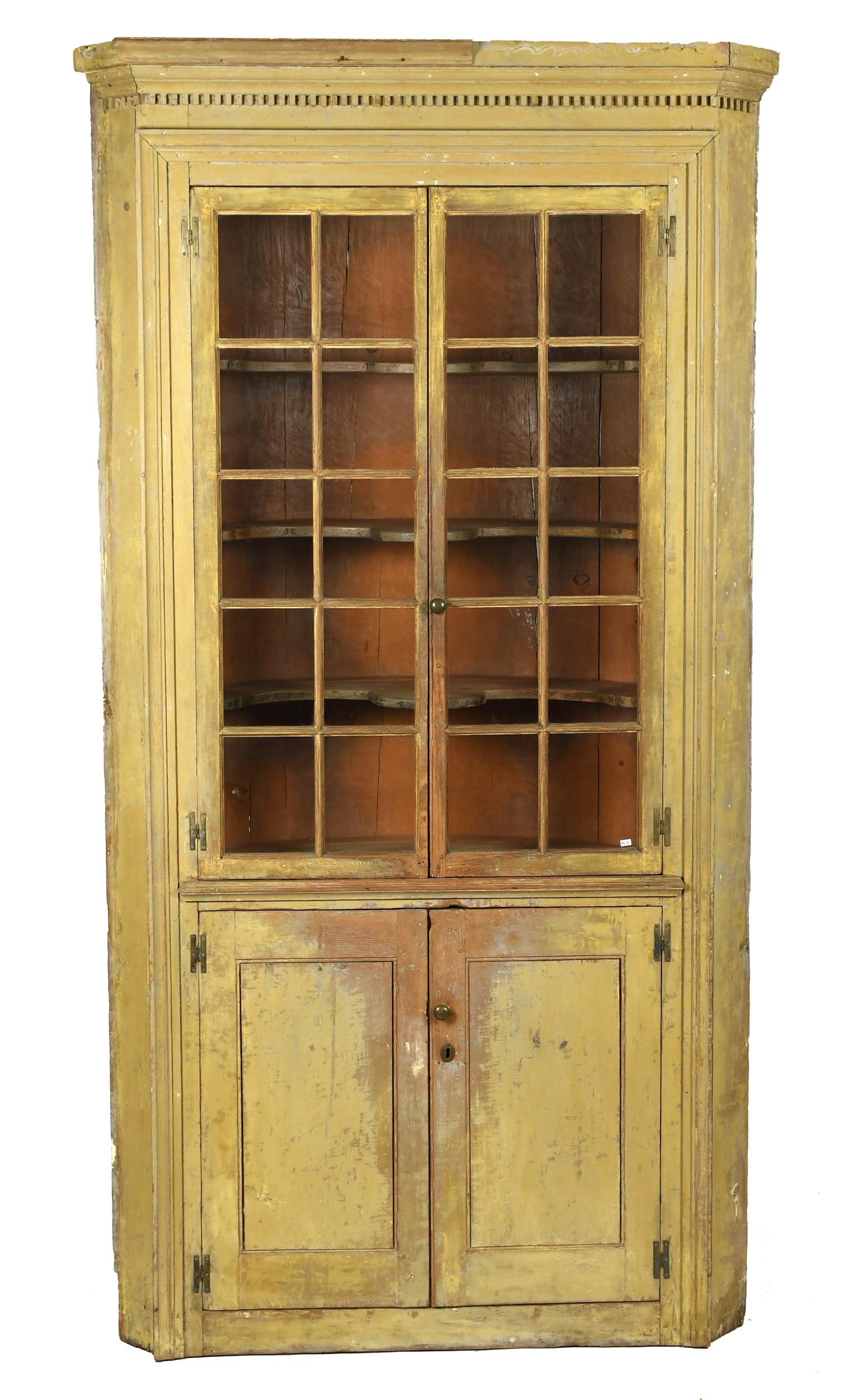 18TH C YELLOW PAINTED CORNER CUPBOARD  3b03ca