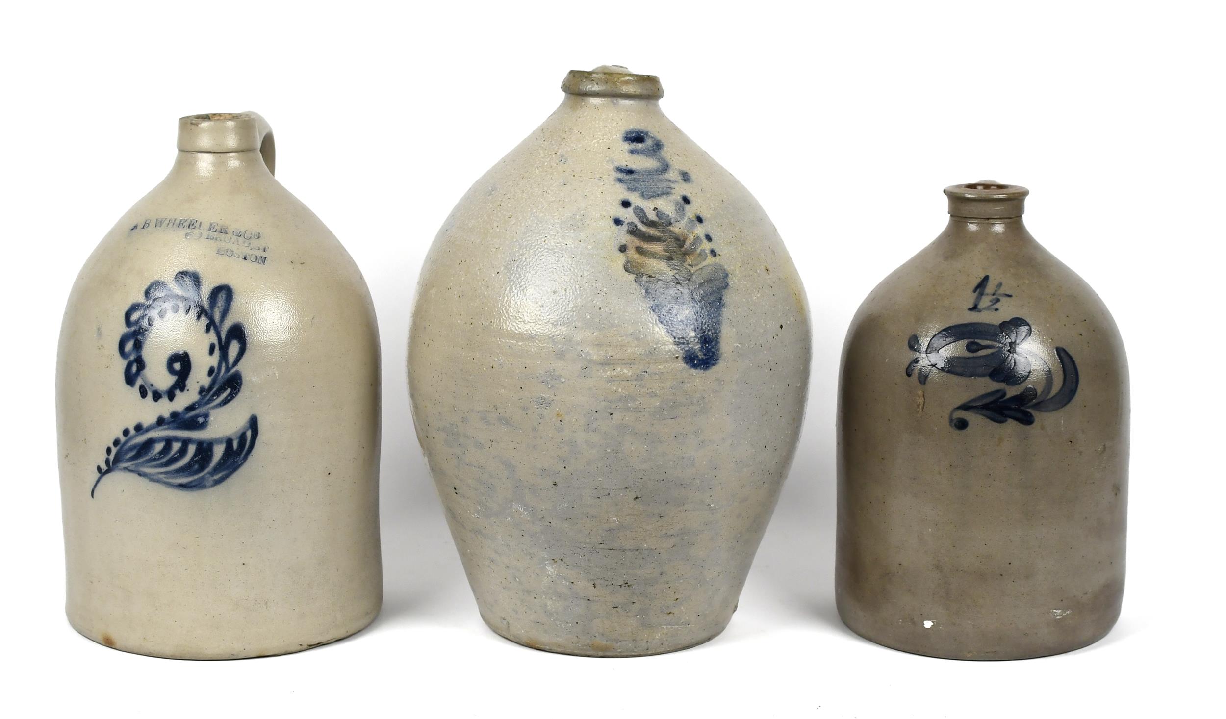 THREE ANTIQUE STONEWARE JUGS. An A.B.