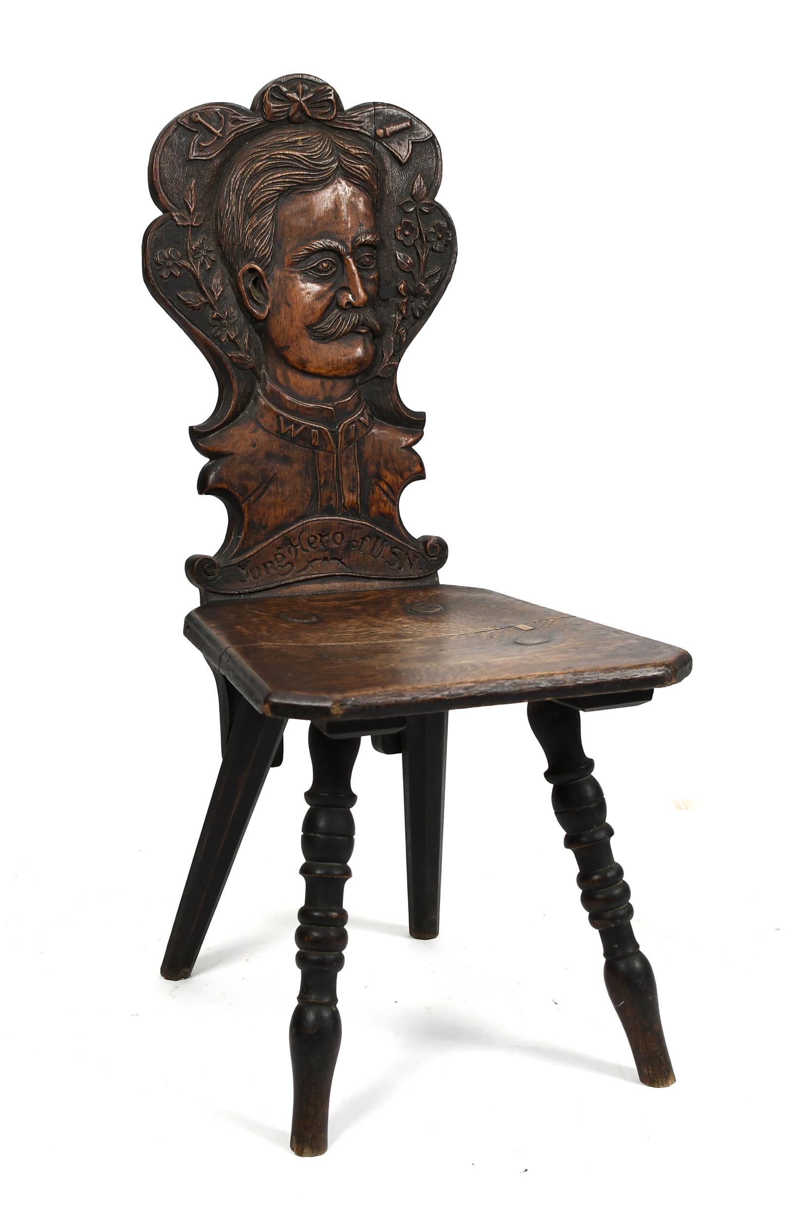 ANTIQUE FOLK ART CARVED OAK USN CHAIR.