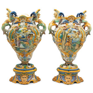 A Pair of Italian Majolica Urns Cantagalli  3b0c1e