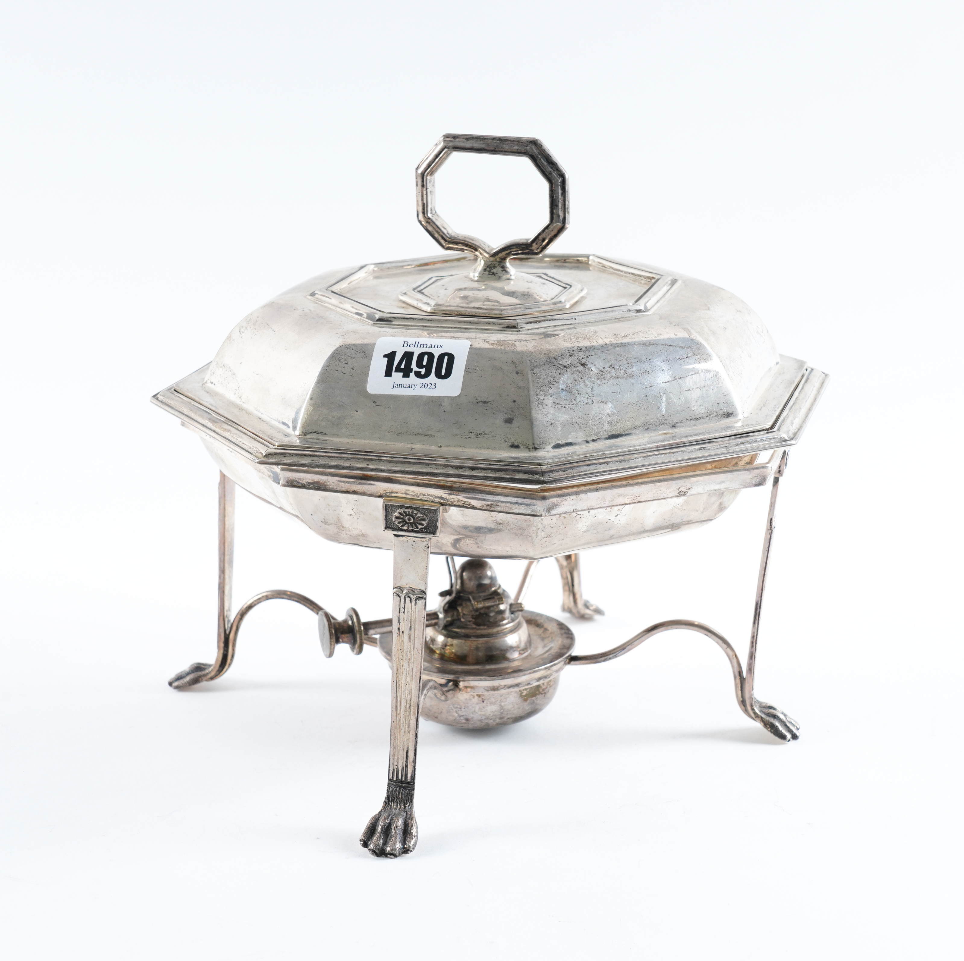 A SILVER LIDDED ENTREE DISH WITH STAND