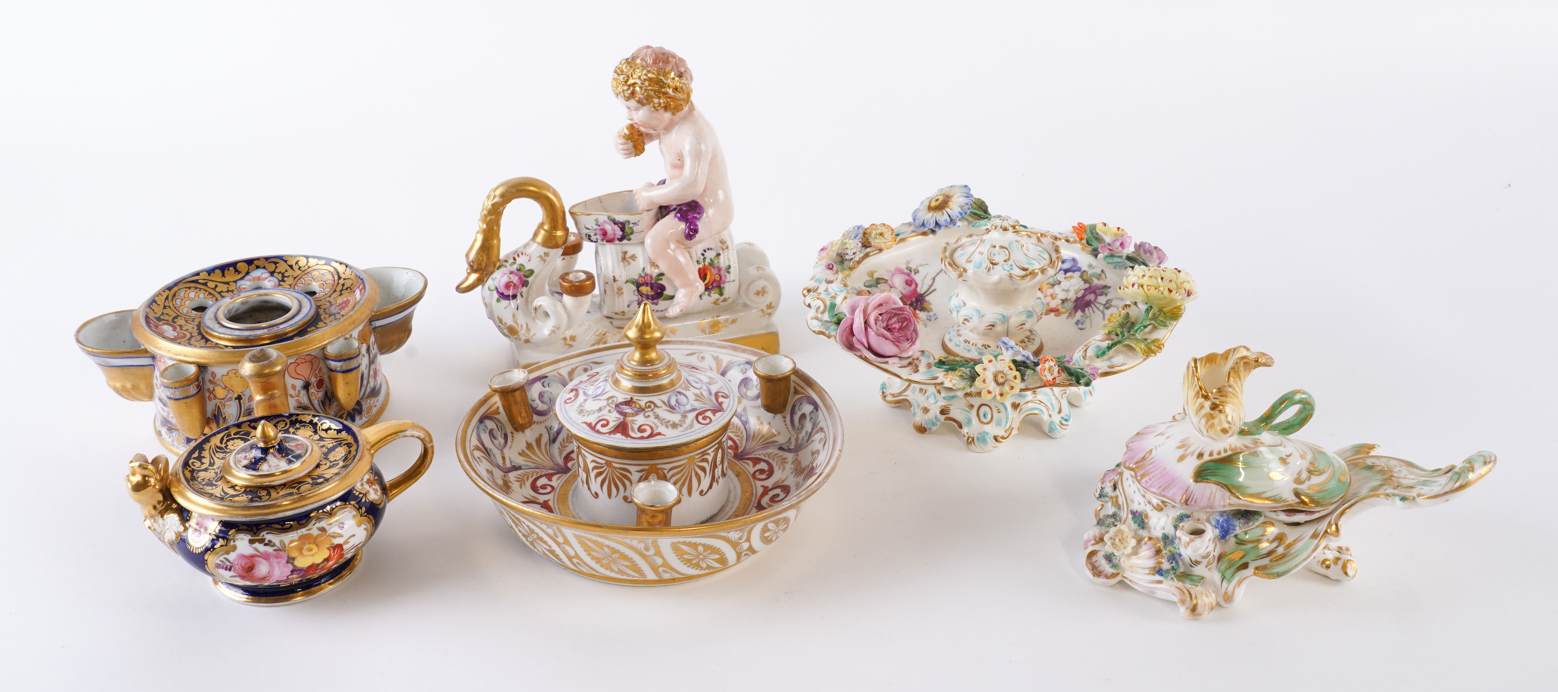 SIX ENGLISH PORCELAIN INKWELLS