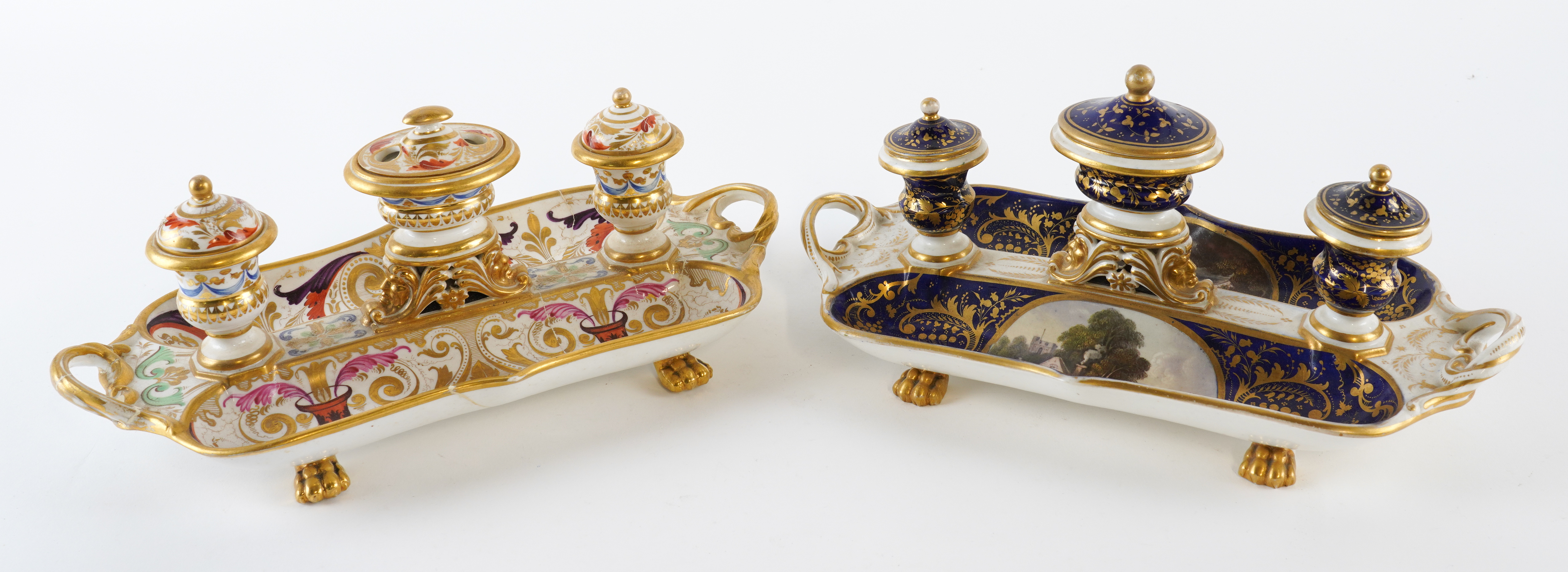 TWO DERBY PORCELAIN INKSTANDS Early