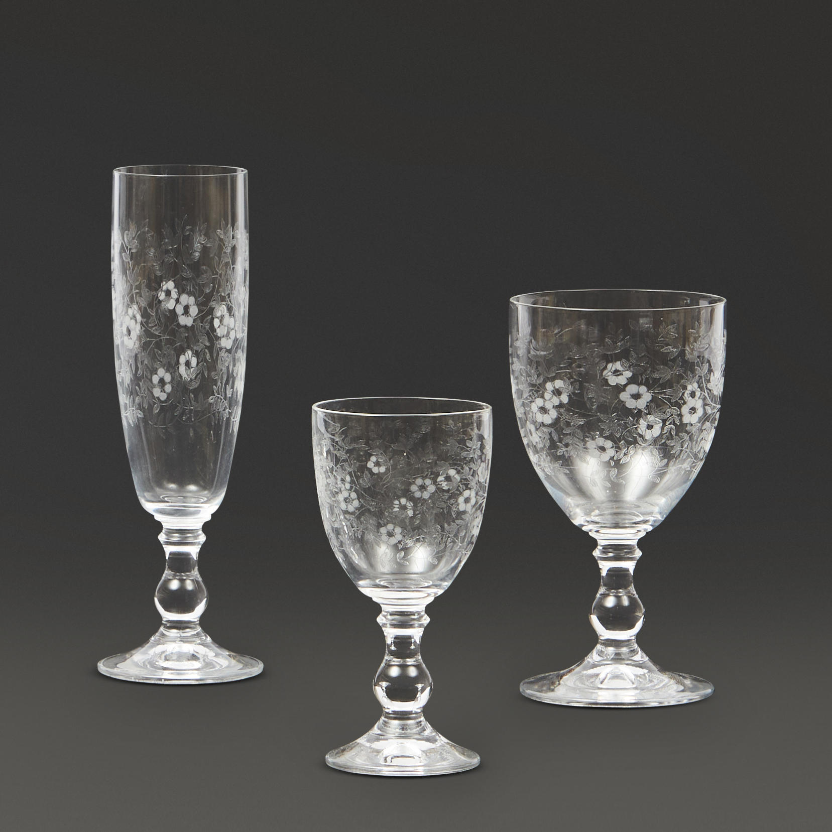 GROUP OF ETCHED GLASS STEMWARE