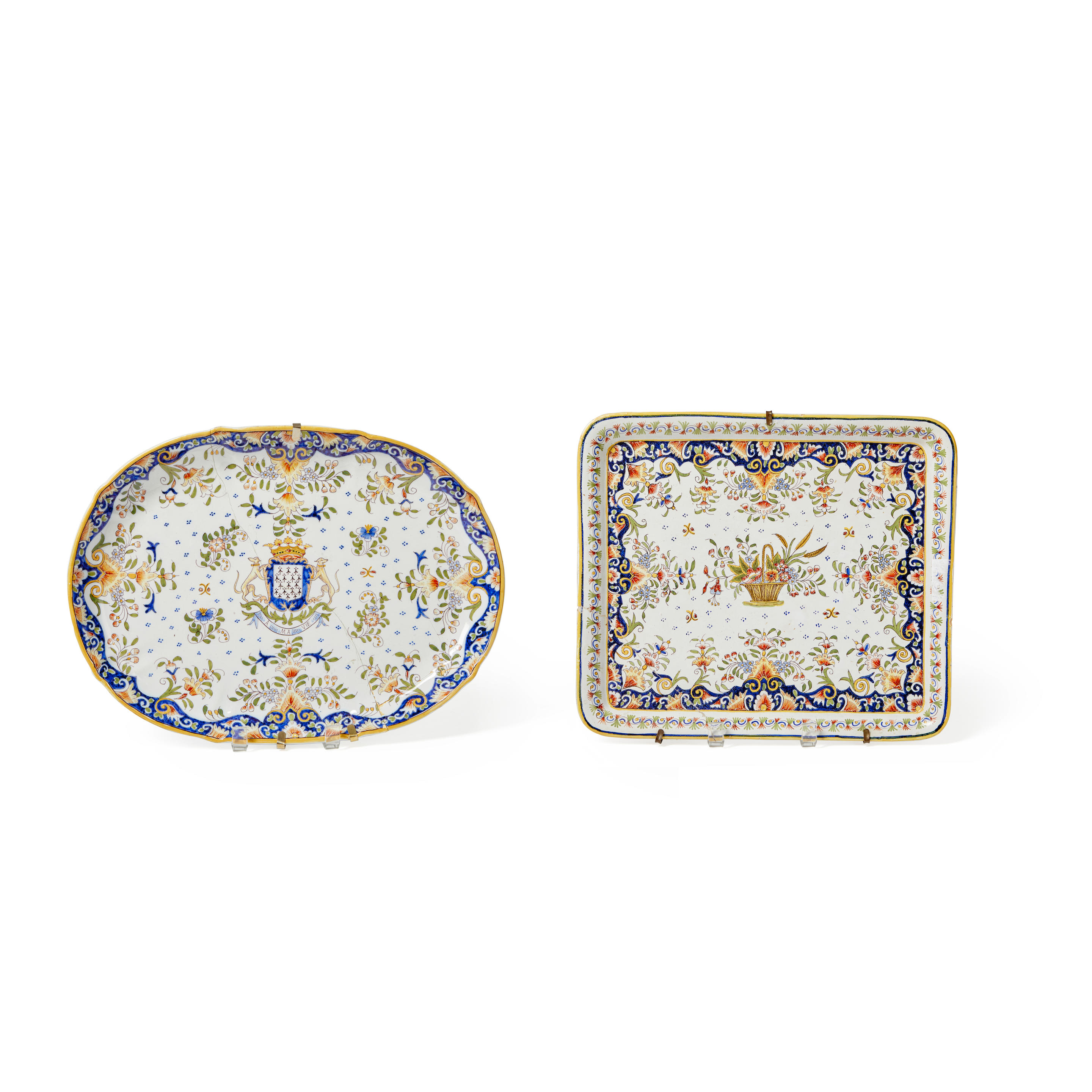 TWO ROUEN ENAMELED TRAYS one oval tray