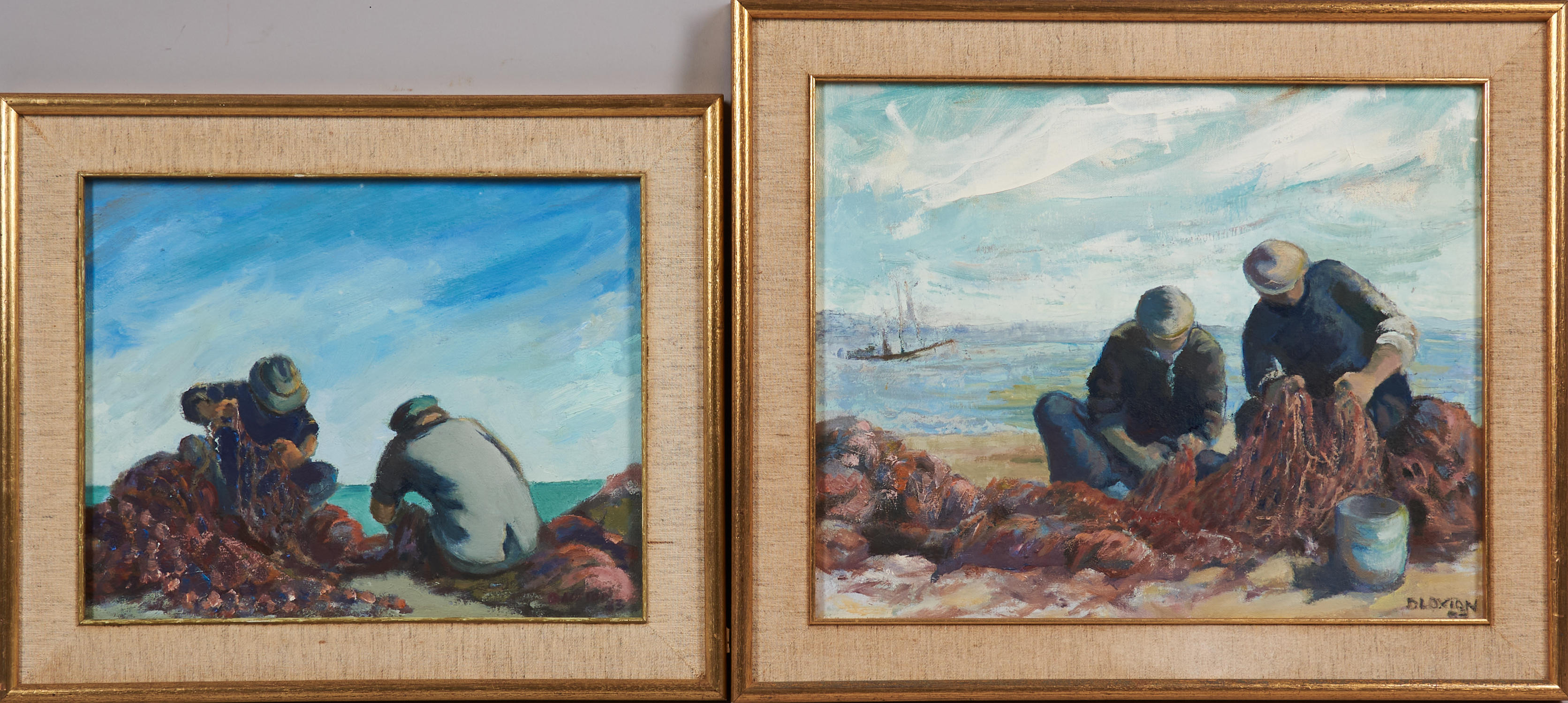 TWO PAINTINGS OF MEN MENDING NETS