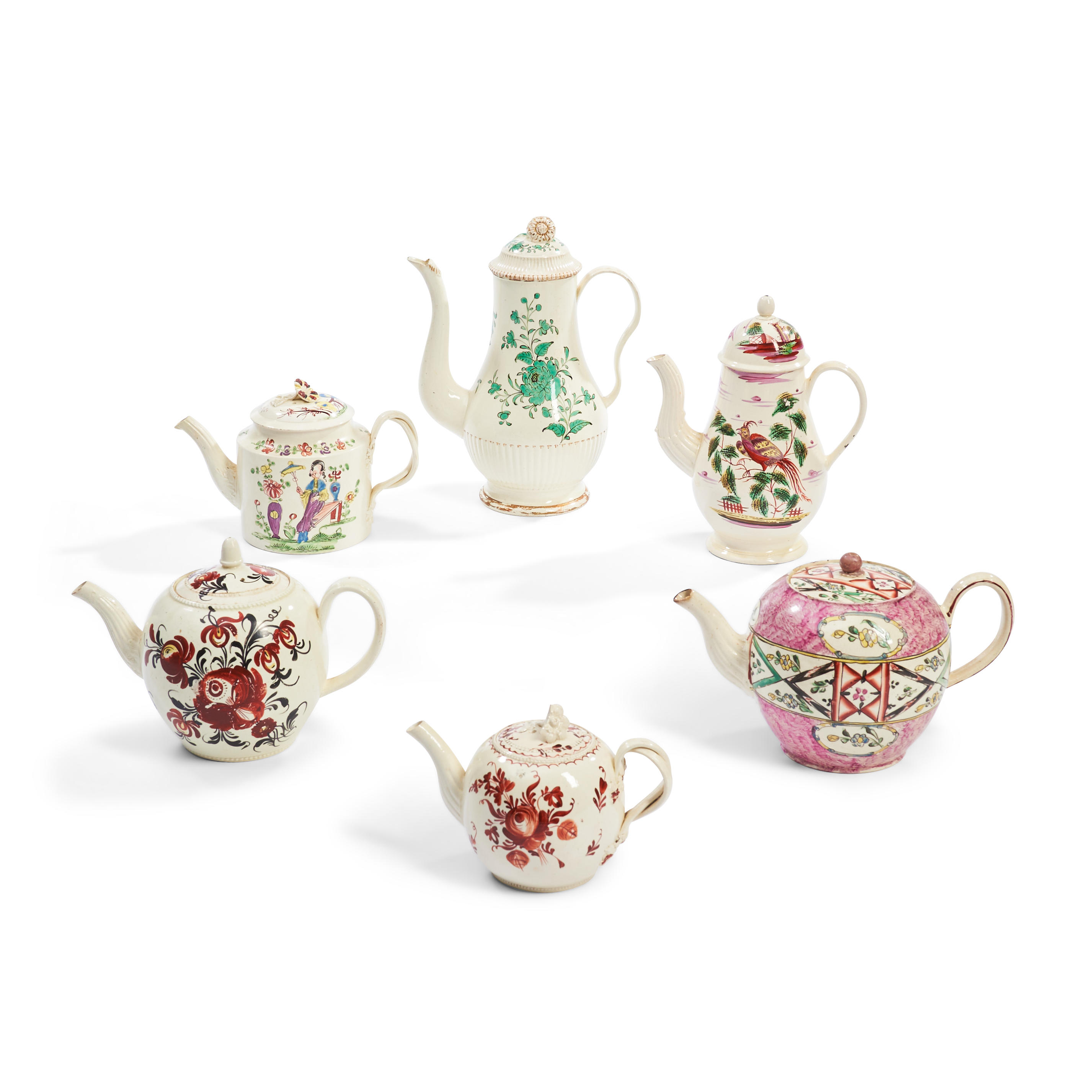 SIX ENAMEL DECORATED CREAMWARE