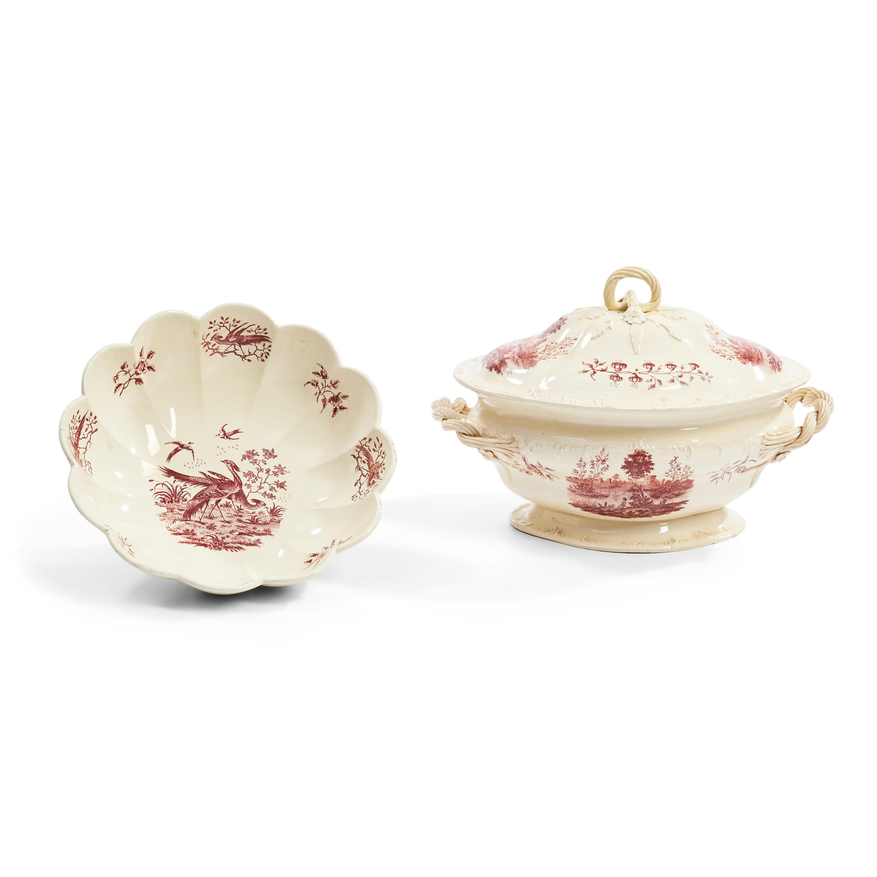 TWO RED TRANSFER PRINTED CREAMWARE