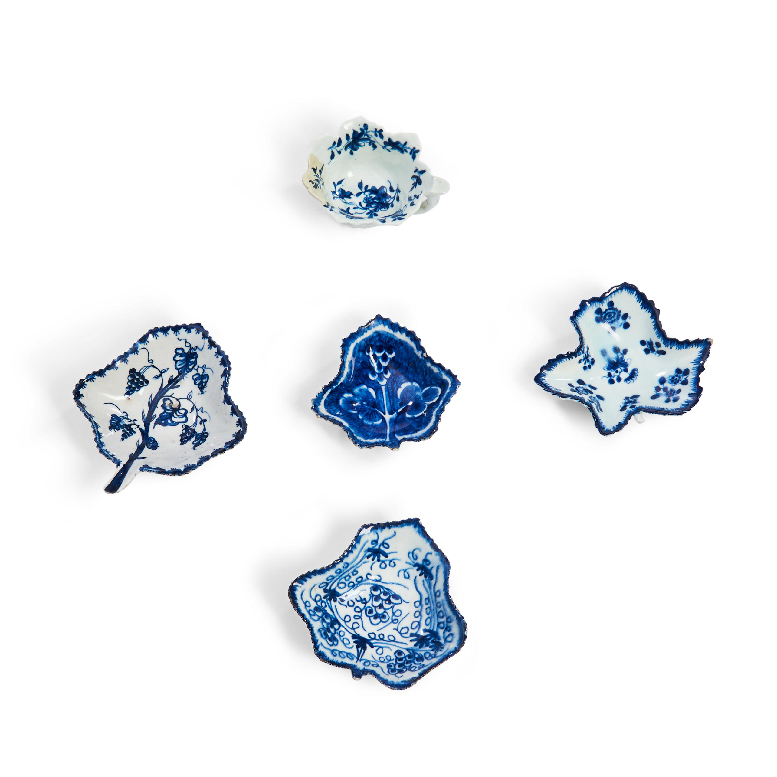 FIVE ENGLISH PORCELAIN LEAF-SHAPED