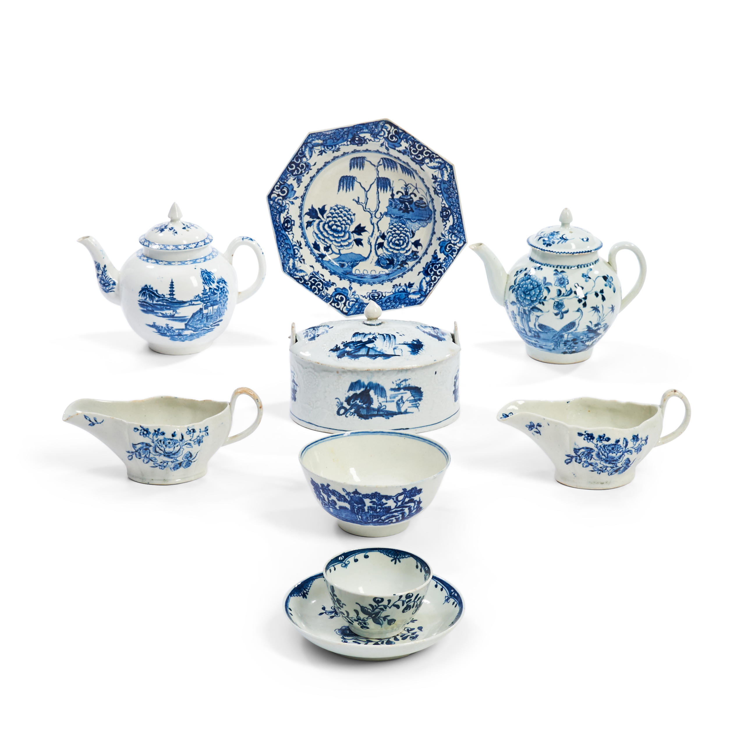 EIGHT ENGLISH BLUE AND WHITE PORCELAIN