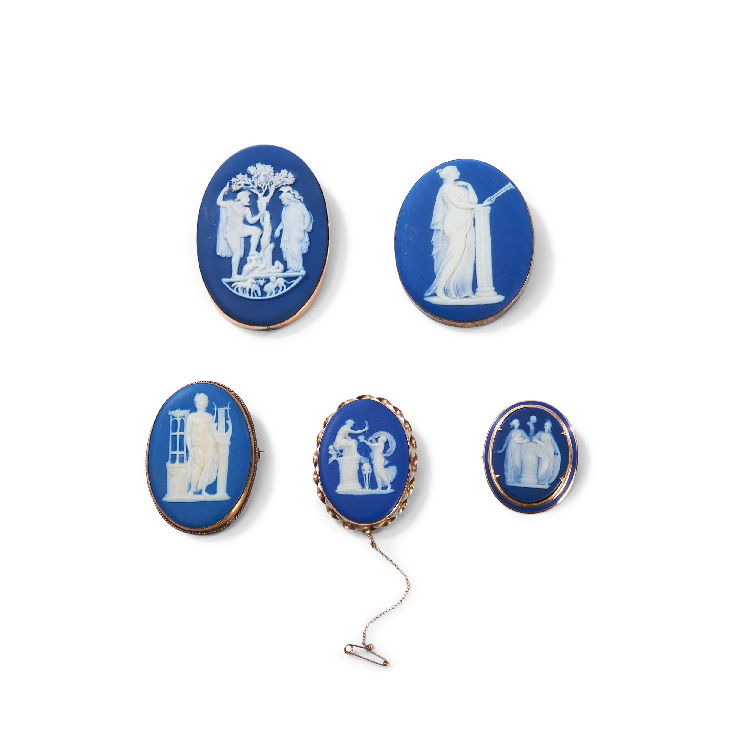 FIVE WEDGWOOD DARK BLUE JASPER DIP BROOCHES,