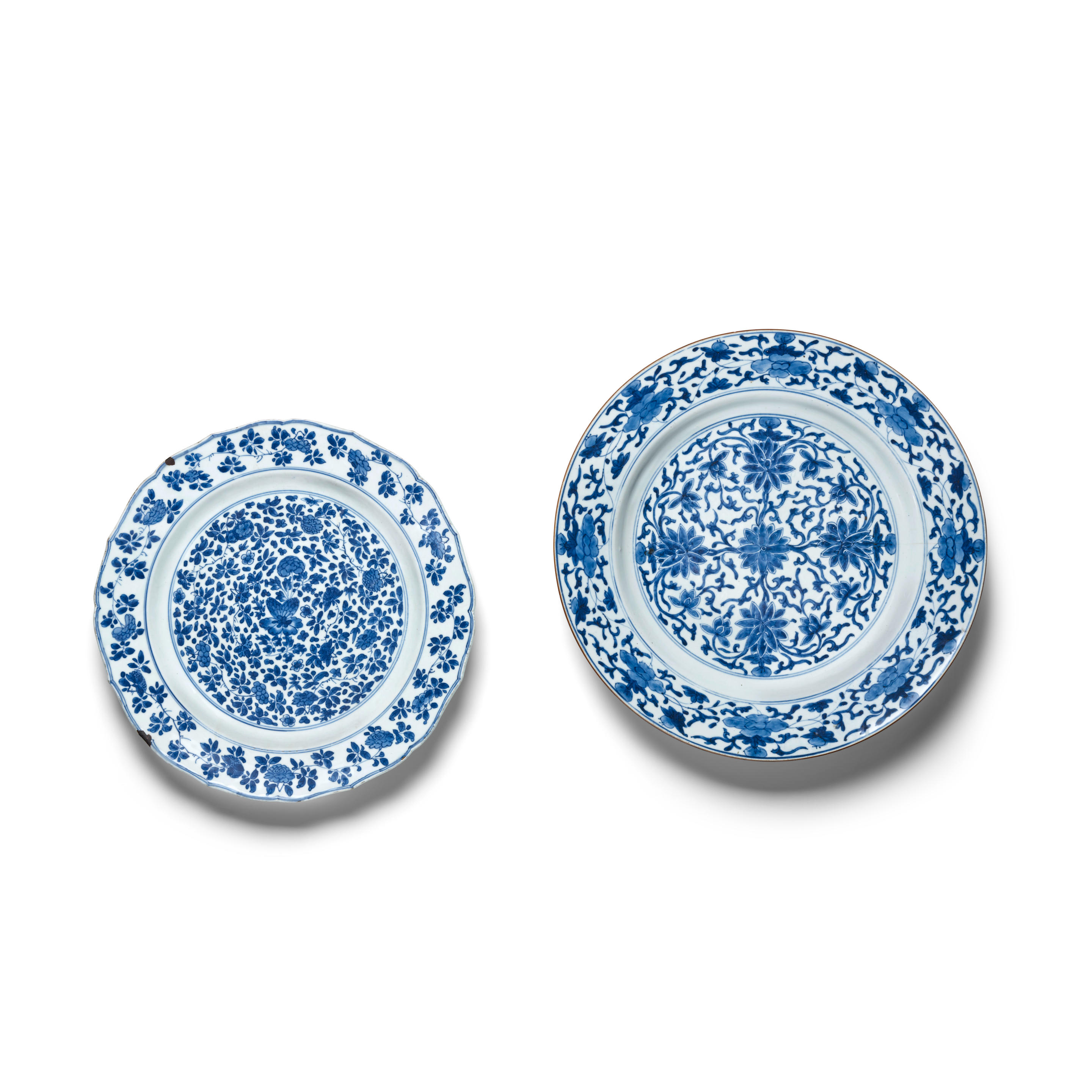 TWO BLUE AND WHITE 'FLORAL' CHARGERS