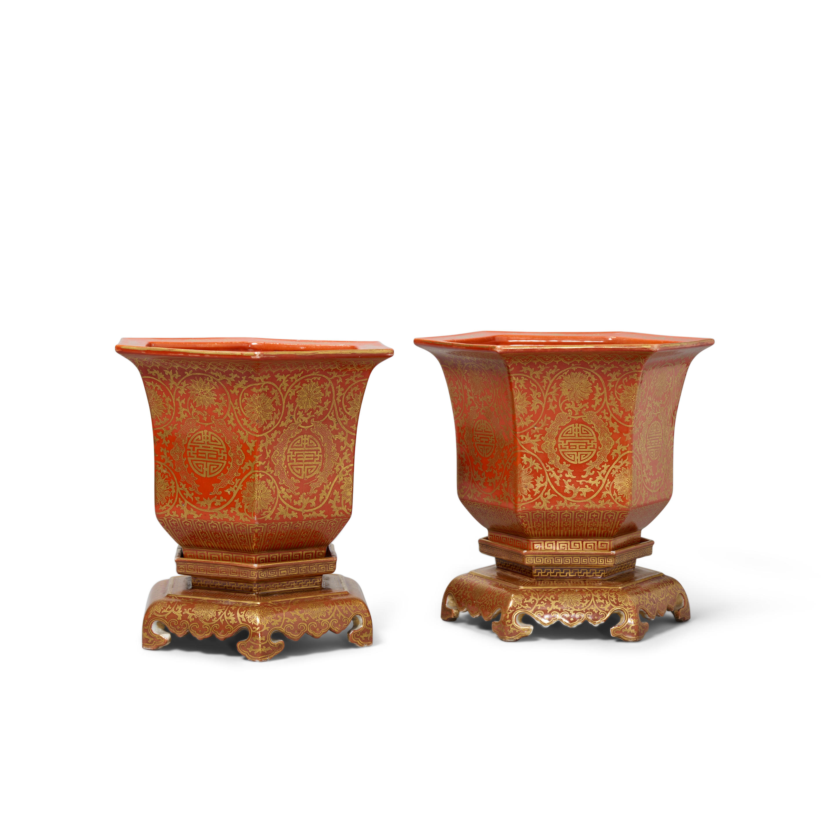 A PAIR OF CORAL-GROUND AND GILT-DECORATED