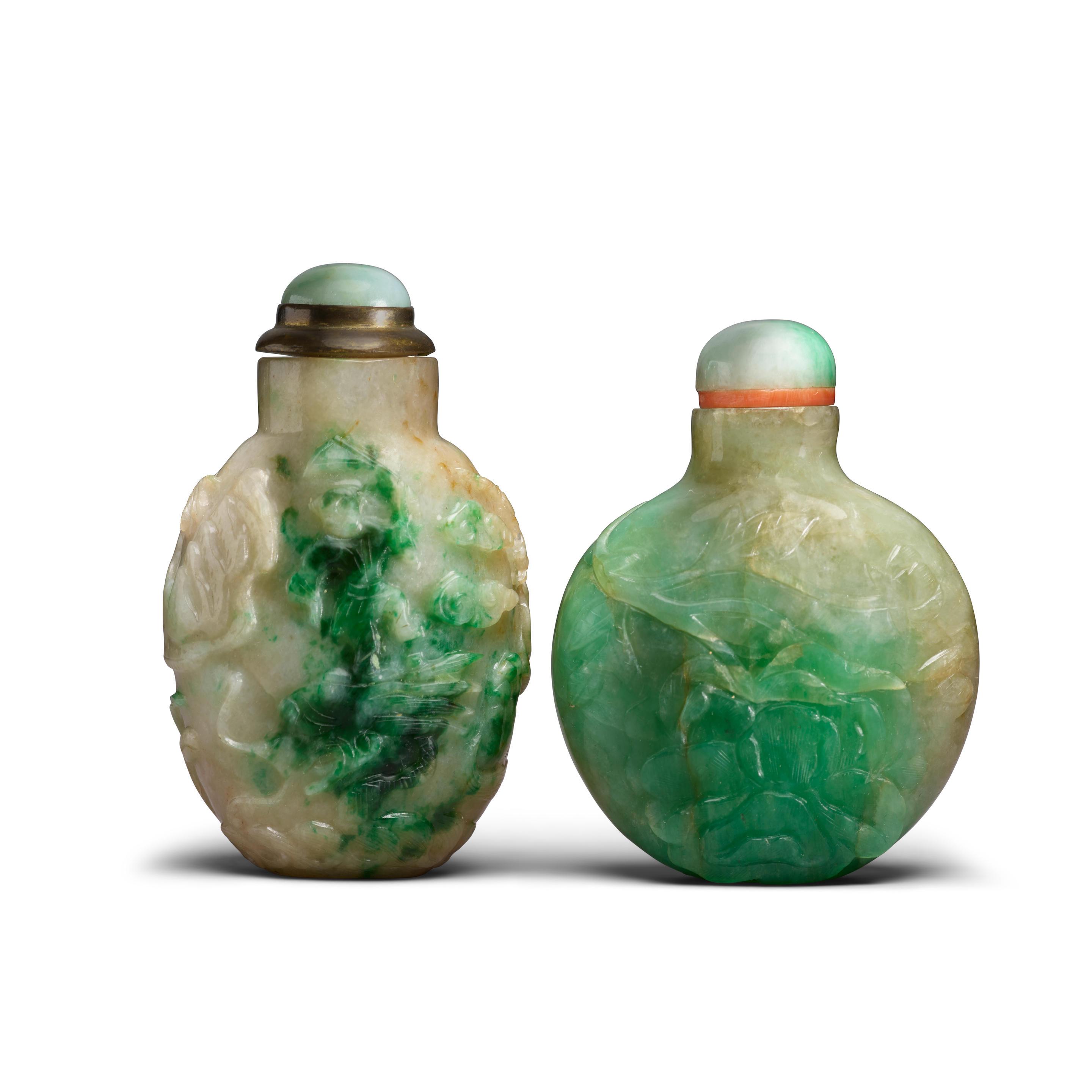 TWO JADEITE SNUFF BOTTLES 1880-1950