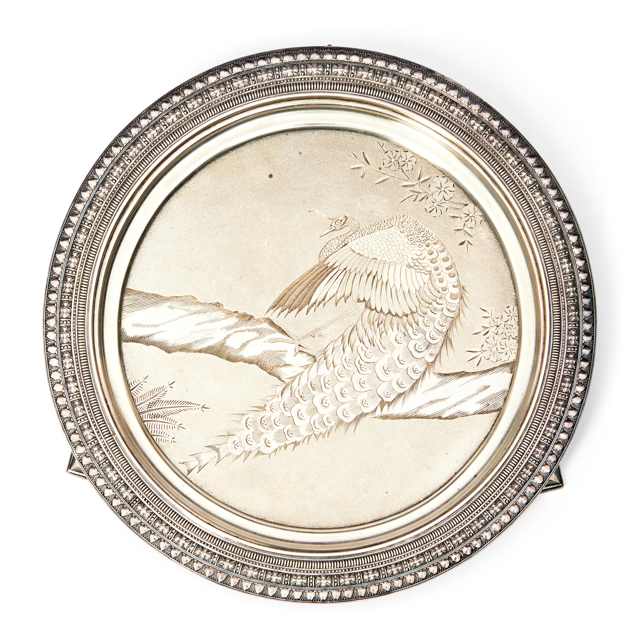 TIFFANY STERLING SILVER PEACOCK PLATE,