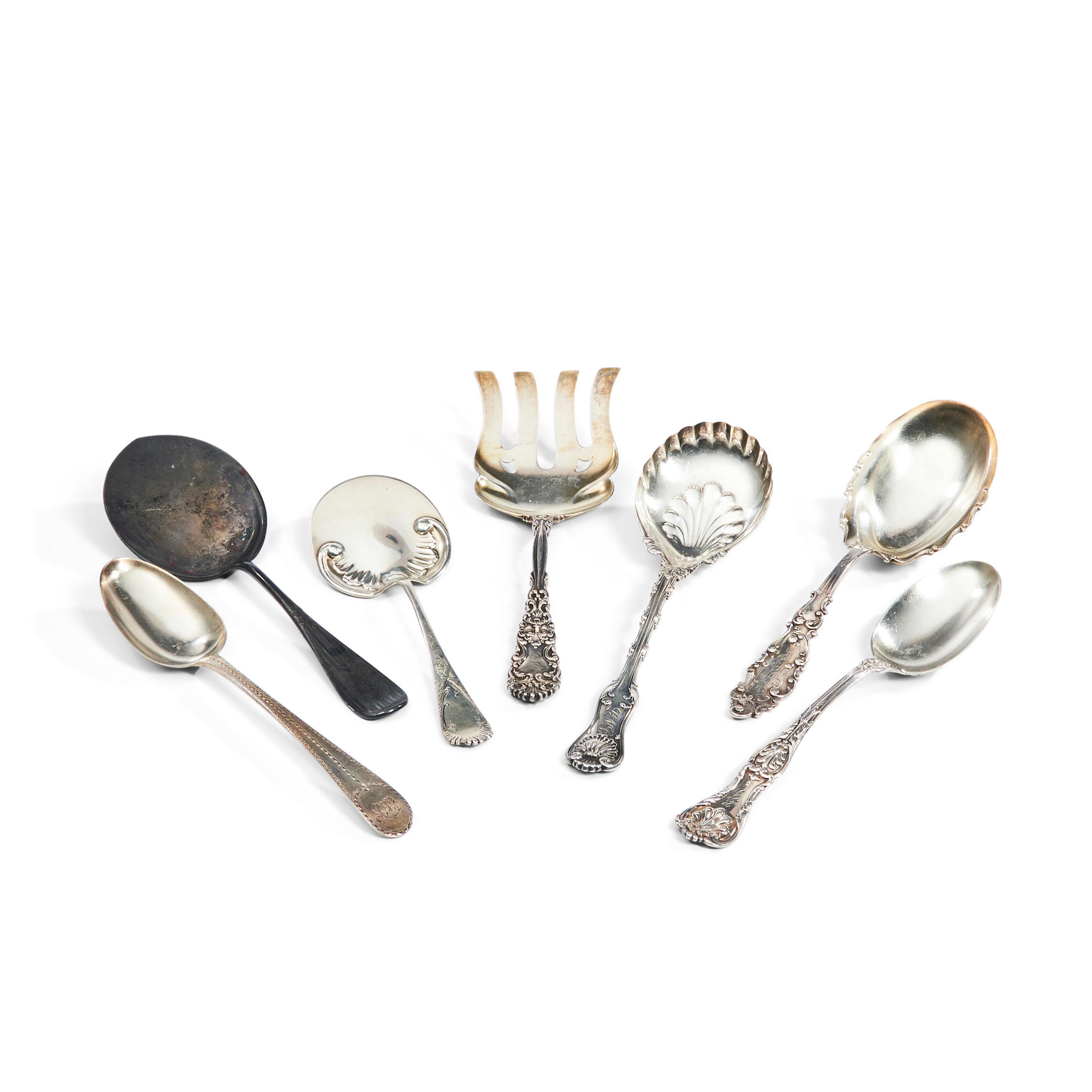 SEVEN STERLING SILVER SERVING PIECES,