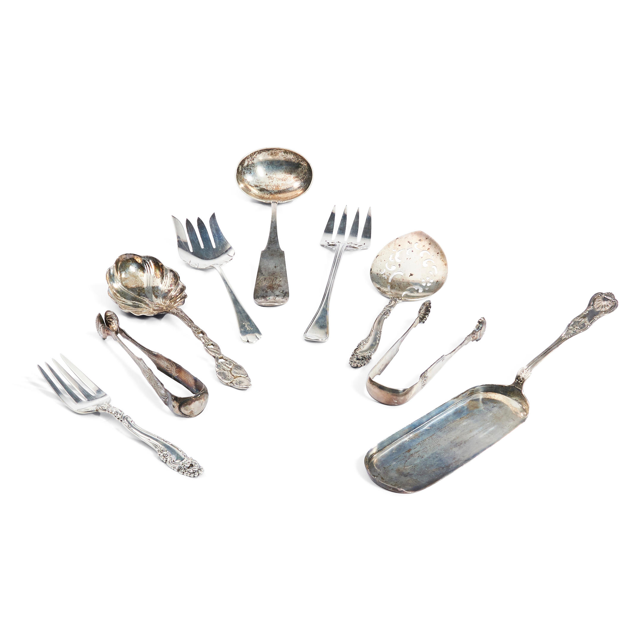 NINE SILVER SERVING PIECES, assorted